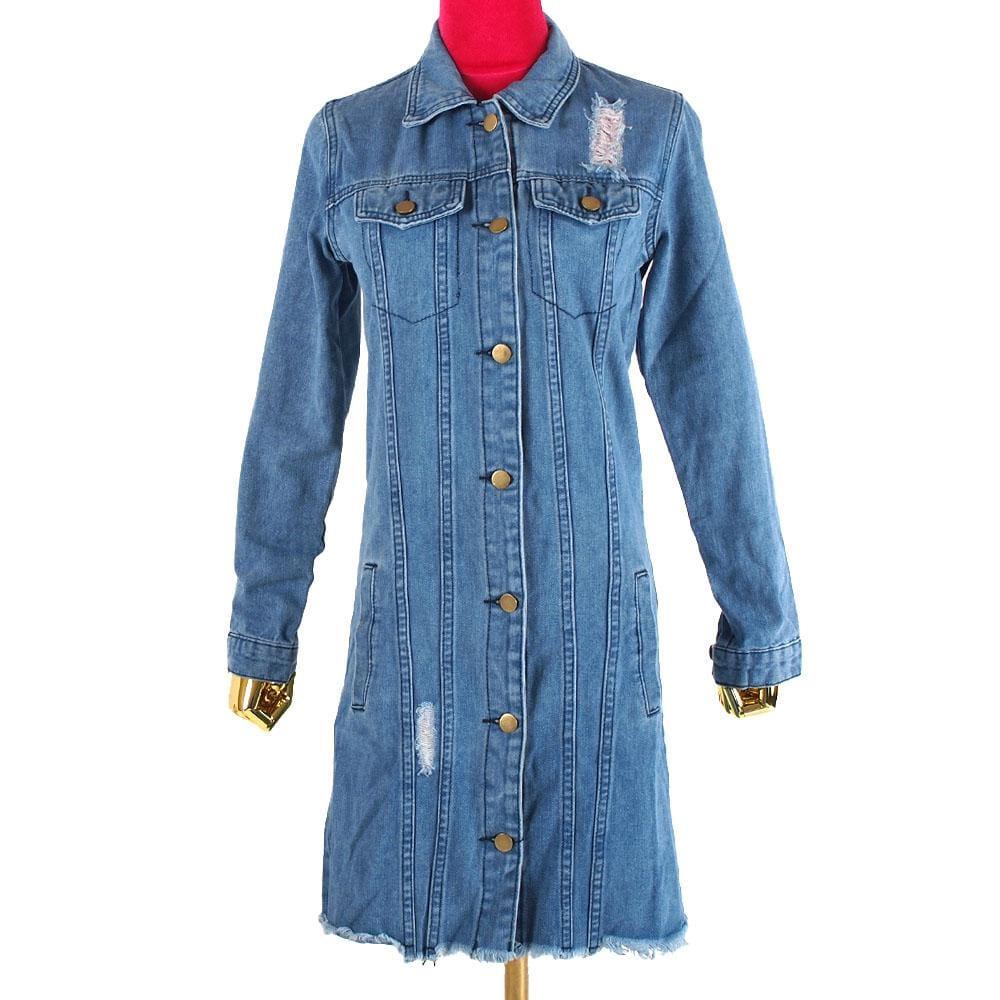 Long dark blue denim jacket with collared neckline