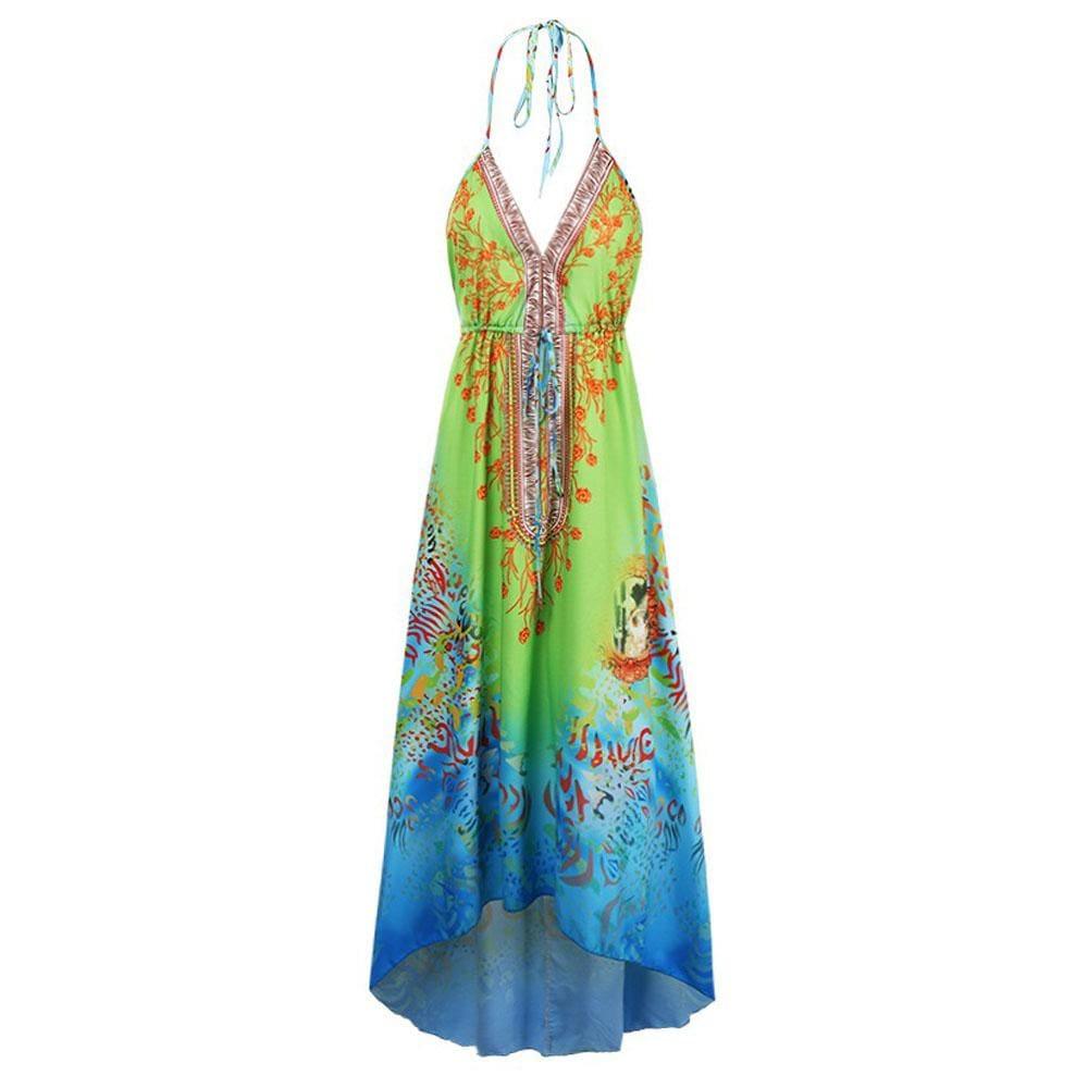 Spaghetti strap sleeveless v neck floral women's dress in green blue ombre leopard colour