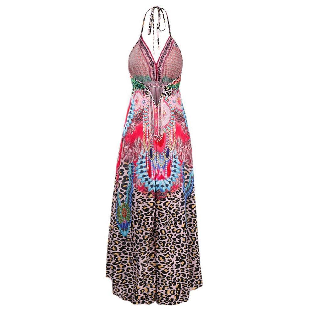 Spaghetti strap sleeveless v neck floral women's dress in pink leopard colour