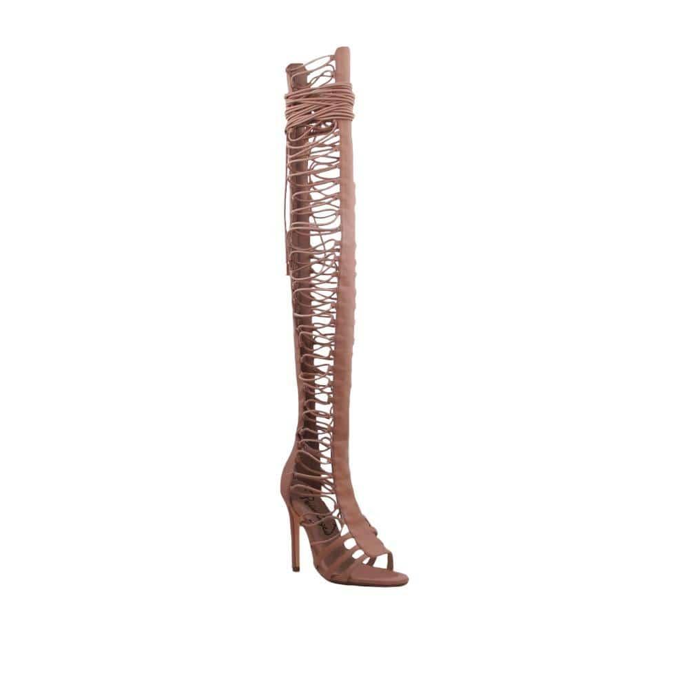 Women's nude colored thigh high heel stripper boots with lace-up zip boots-corner view