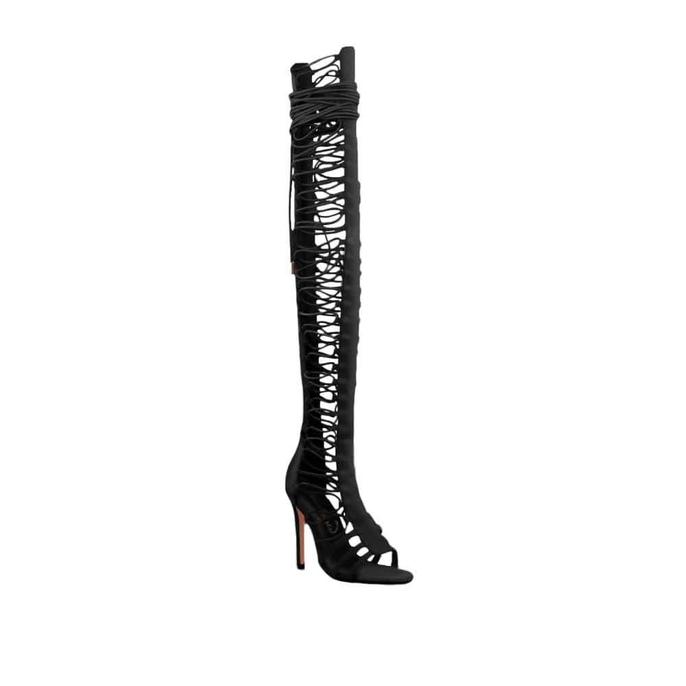 Women's black thigh high heel stripper boots lace up zip boots-side view