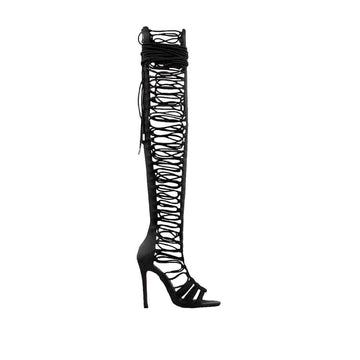 Women's black thigh high heel stripper boots lace up zip boots-side view