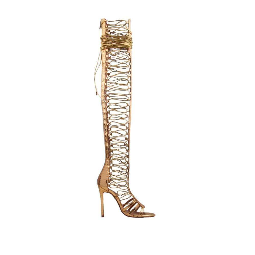 Golden thigh high heel stripper boots lace up zip boots for women-side view