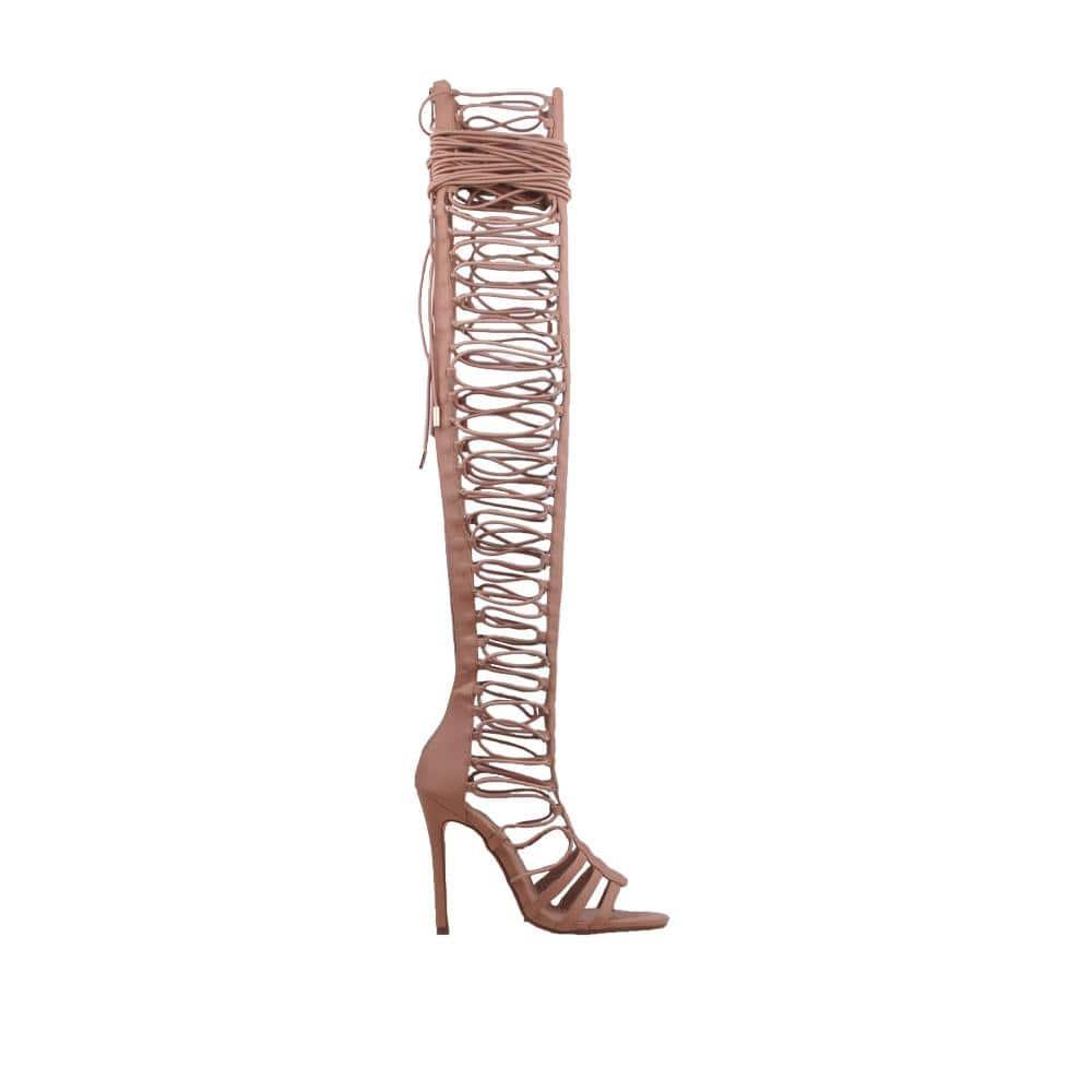 Women's nude colored thigh high heel stripper boots with lace-up zip boots-side view