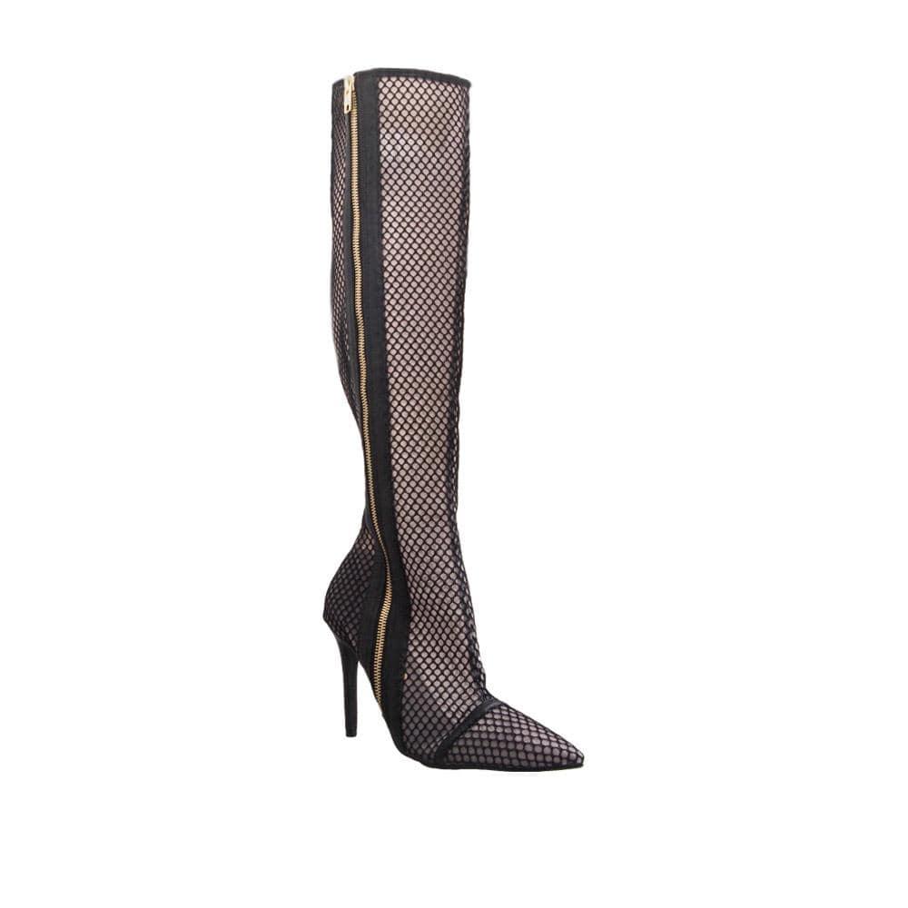 Black-colored women thigh high boot heels with net design and side zipper-corner view