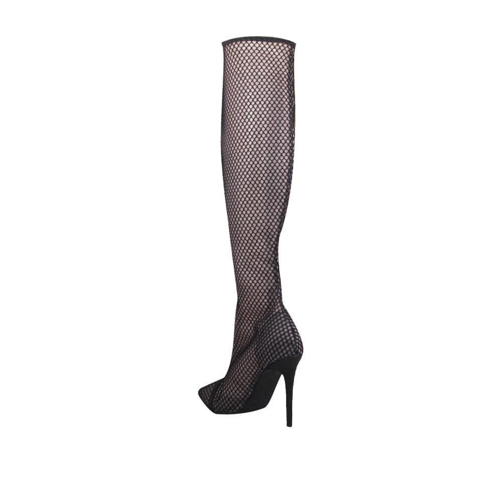 Black-colored women thigh high boot heels with net design and side zipper-posterior view