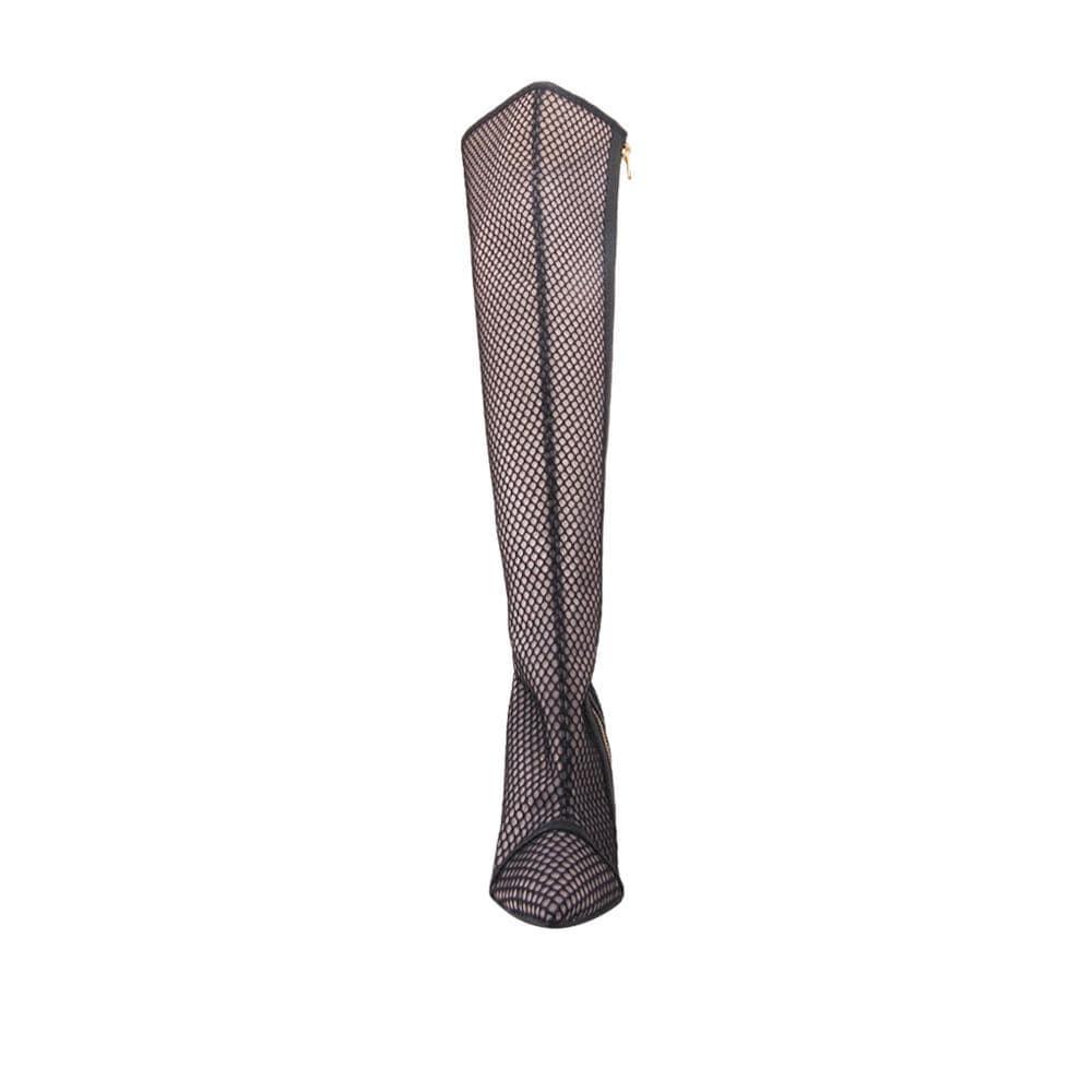 Black-colored women thigh high boot heels with net design and side zipper-front view