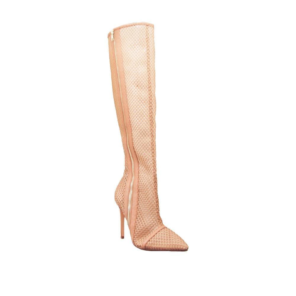 Women's thigh-high boot heels in a nude color with a net design and a side zipper-corner view