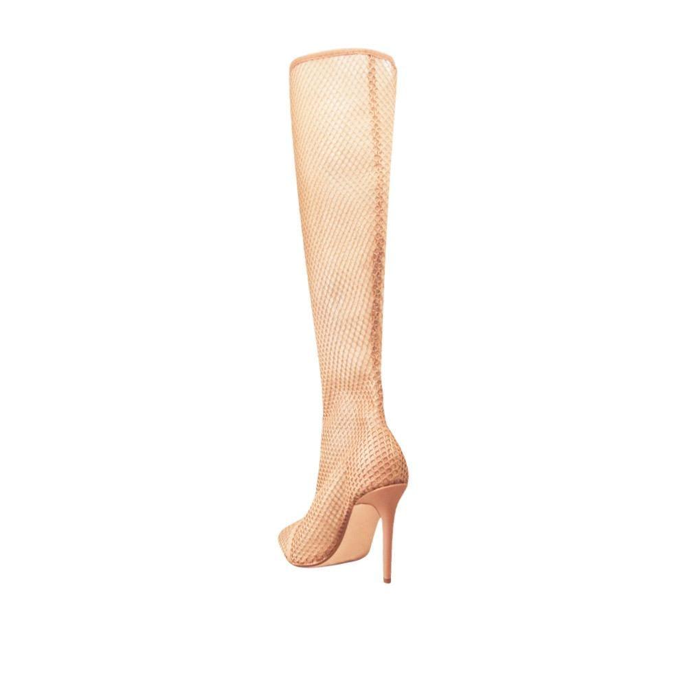 Women's thigh-high boot heels in a nude color with a net design and a side zipper-posterior view