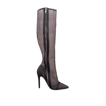 Black-colored women thigh high boot heels with net design and side zipper-side view