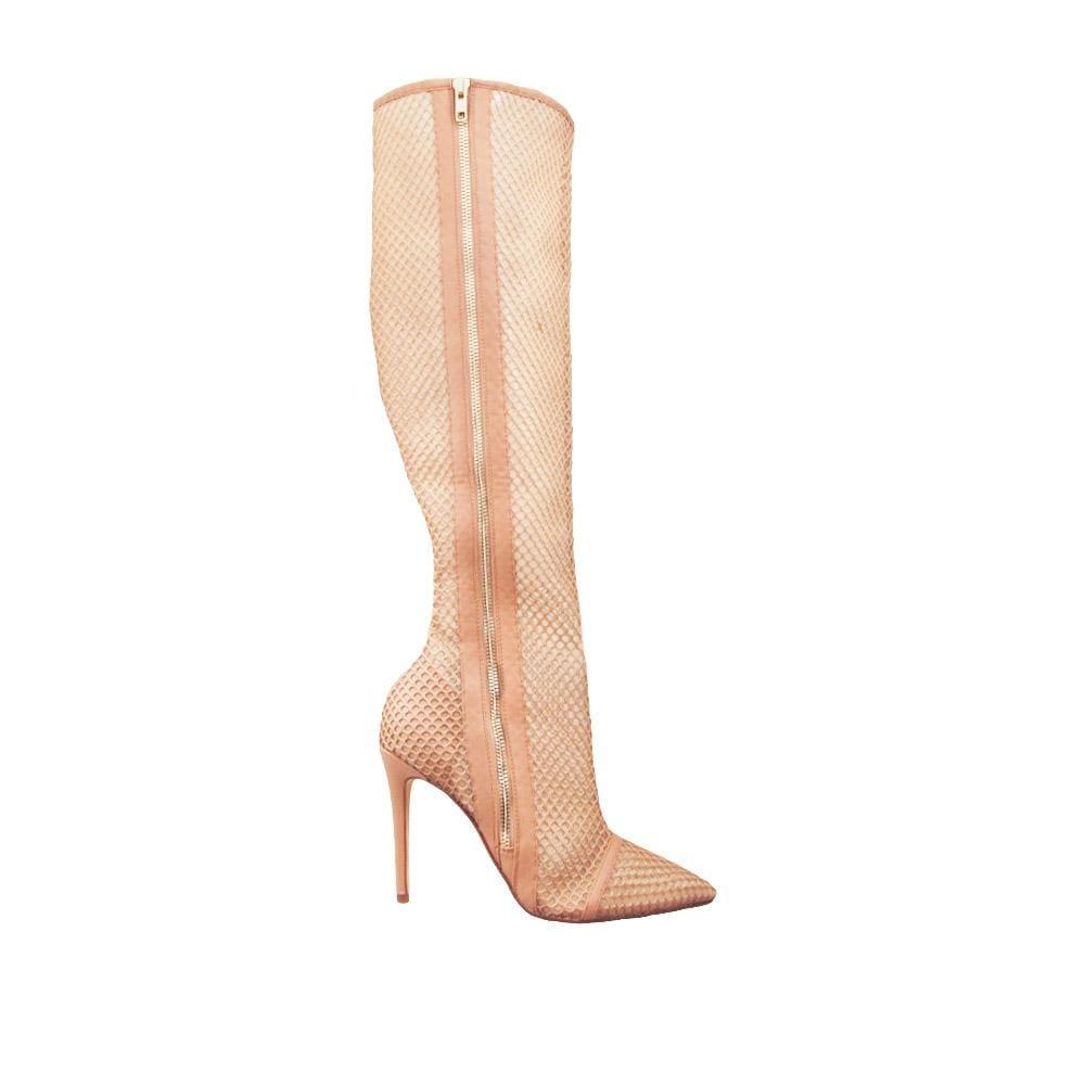 Women's thigh-high boot heels in a nude color with a net design and a side zipper-side view