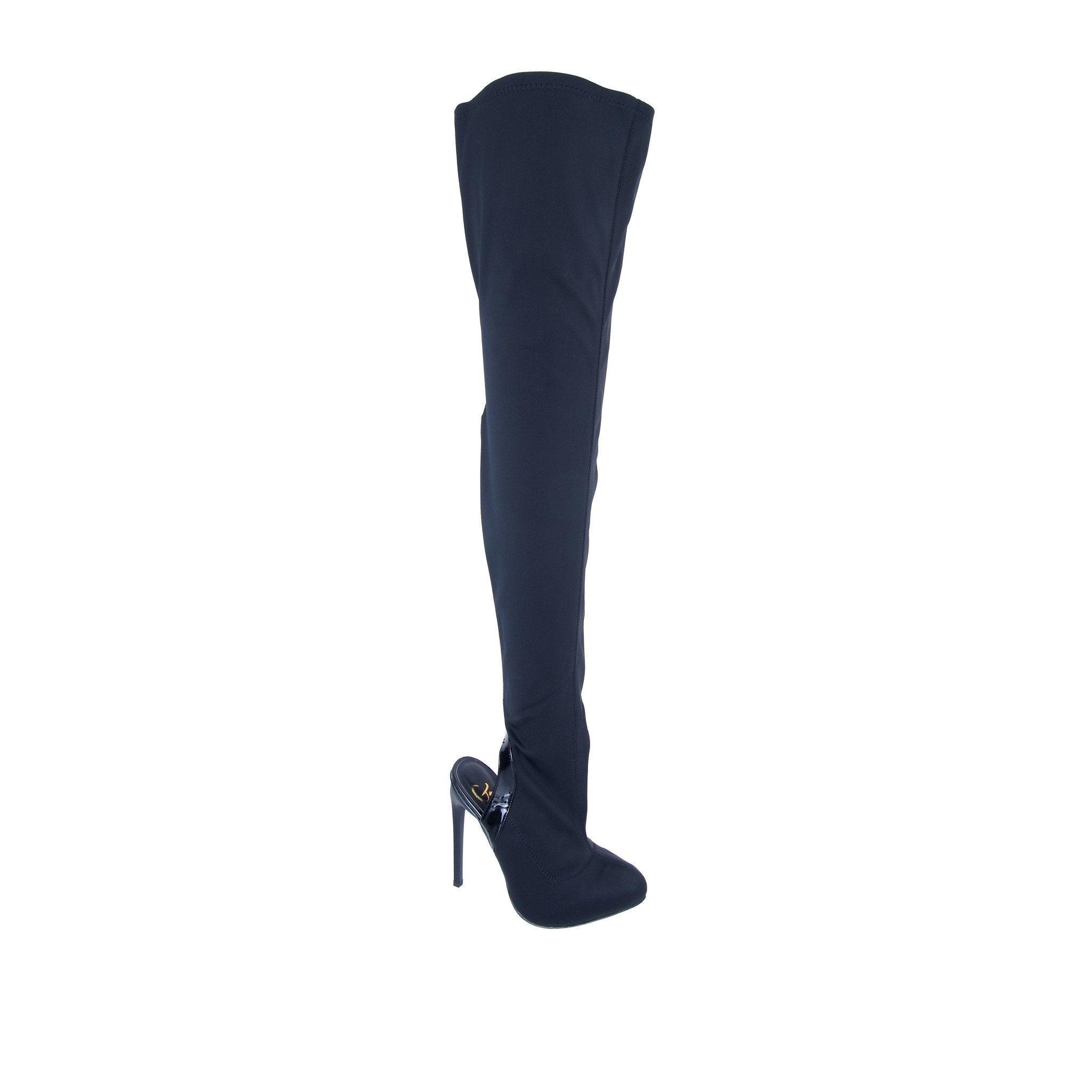 Black colored knee high boot for women with heels and an back zipper