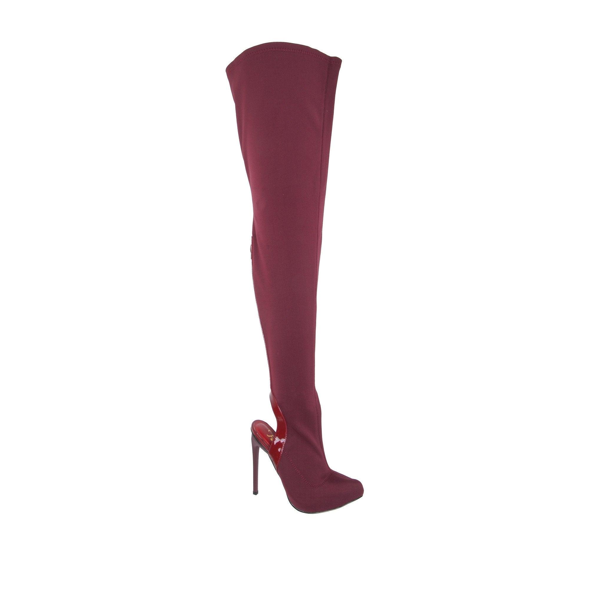 Women's oxblood colored knee-high boot with heels and a back zipper