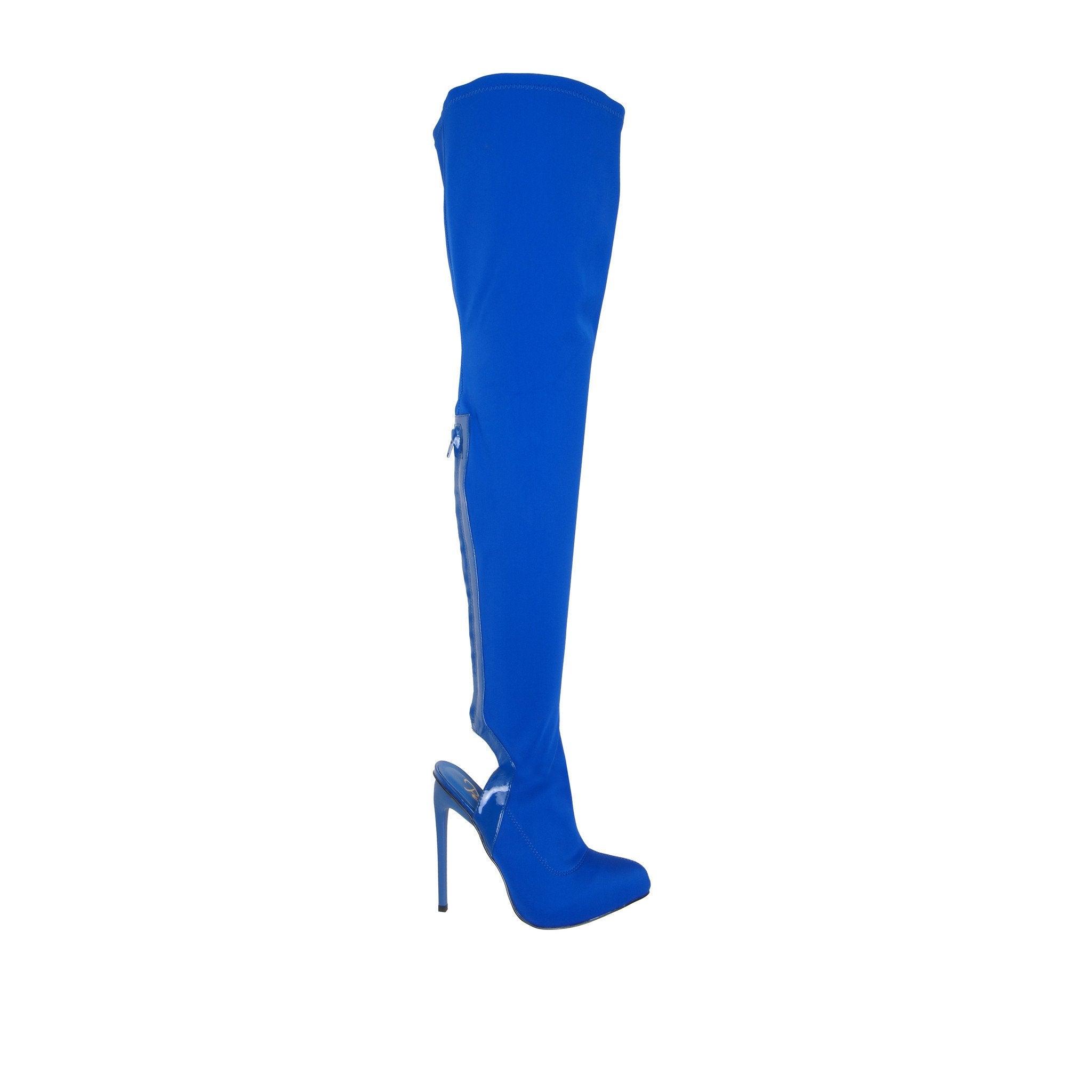 women's royal blue over-the-knee boot with heel and ankle zipper