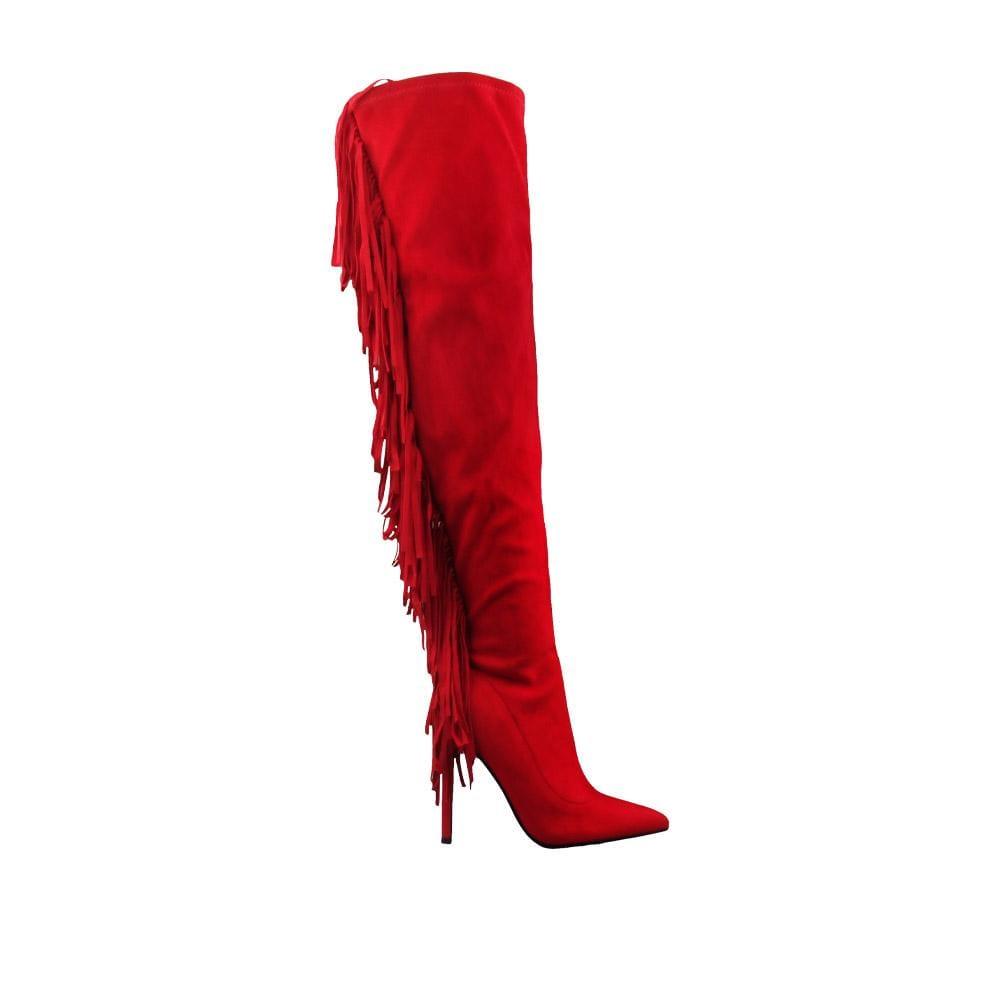 Red-colored  closed toe heel zipper over the knee boots for women