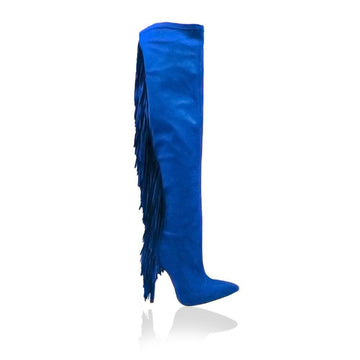 Royal blue-colored women's closed toe heel zipper over the knee boots
