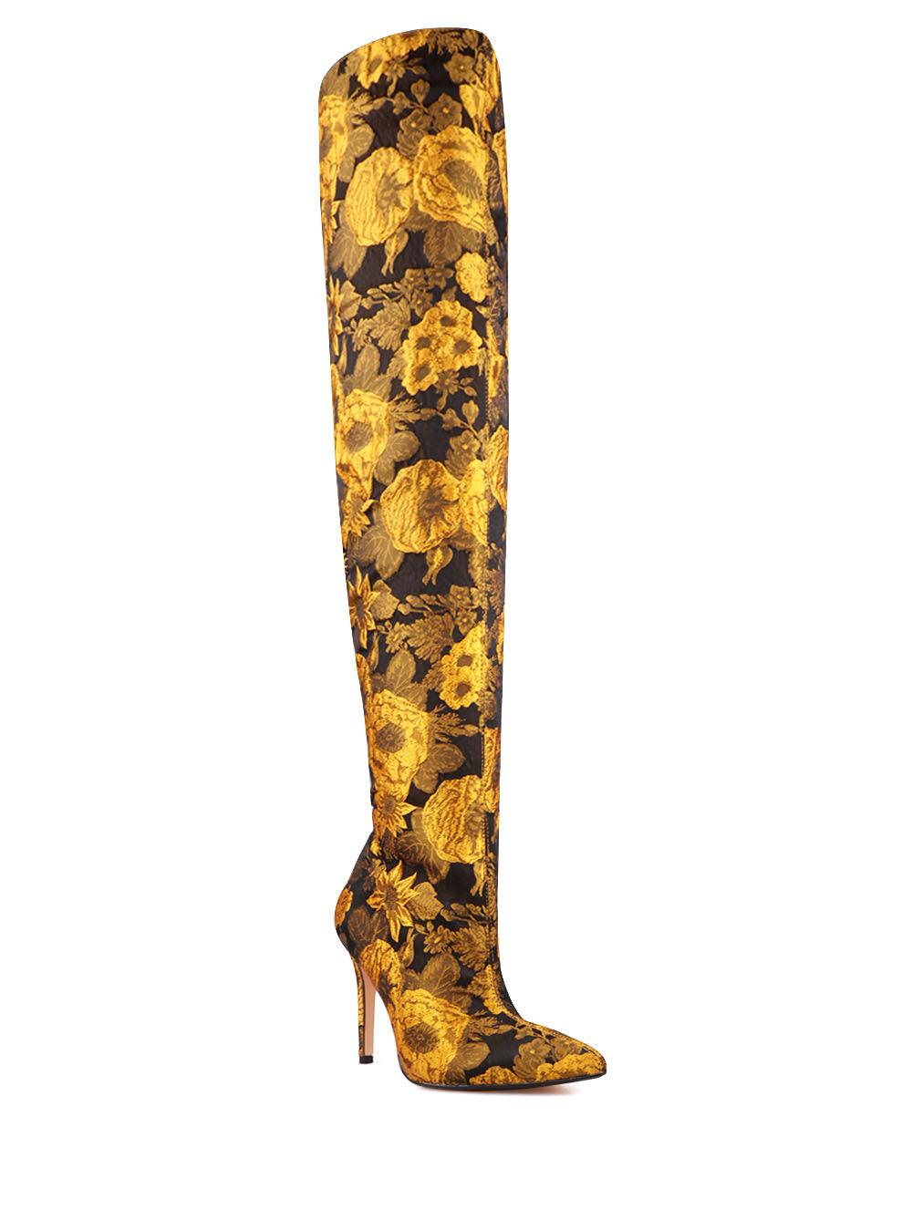 Women's thigh-high boot heels with in yellow-black floral leather tote-corner view