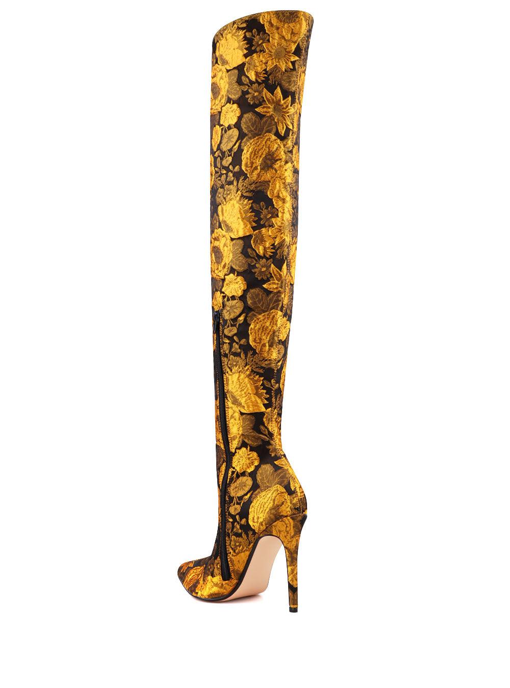 Women's thigh-high boot heels with in yellow-black floral leather tote-posterior view