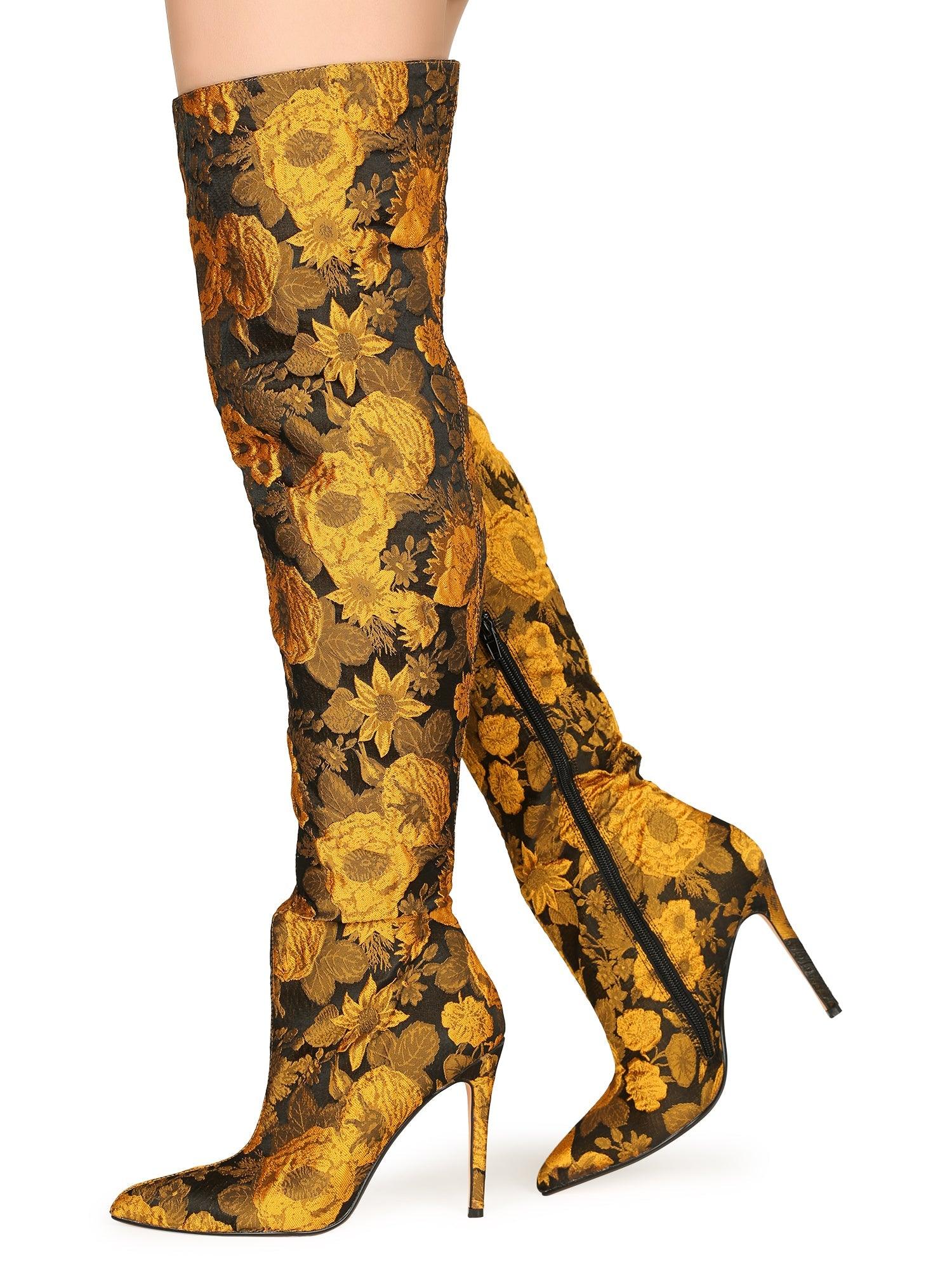 Women's thigh-high boot heels with in yellow-black floral leather tote