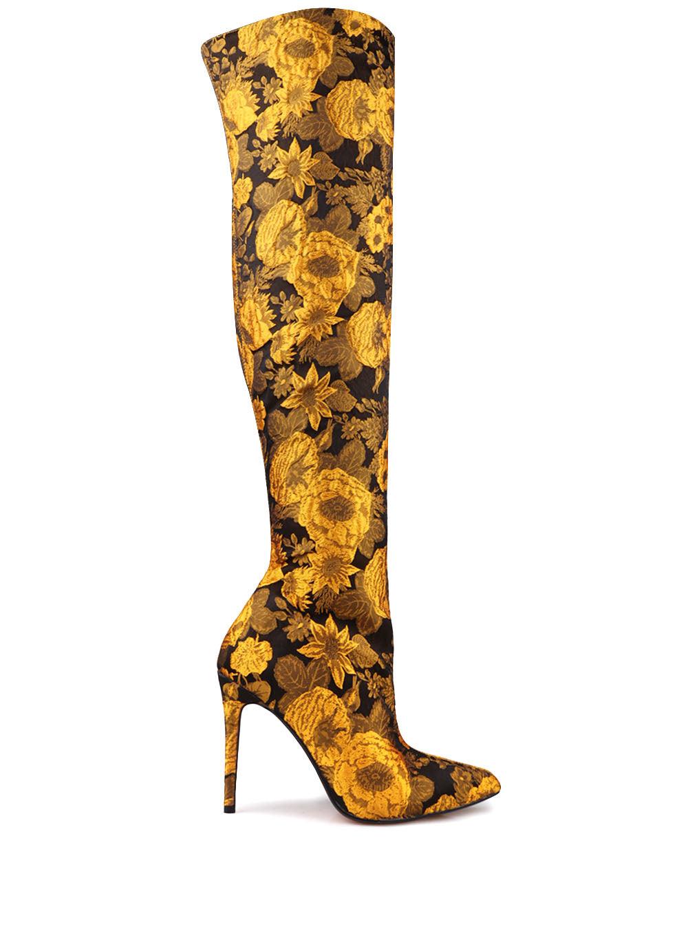 Women's thigh-high boot heels with in yellow-black floral leather tote-side view