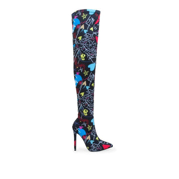 multi-colored thigh high women's boots heels