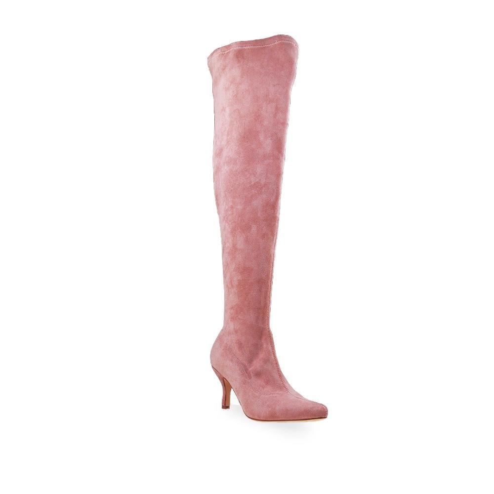 Blush-colored women's over the knee heel boots with pull on style-corner view