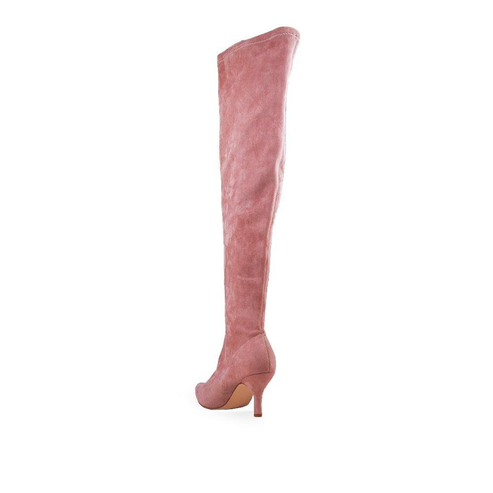 Blush-colored women's over the knee heel boots with pull on style-posterior view