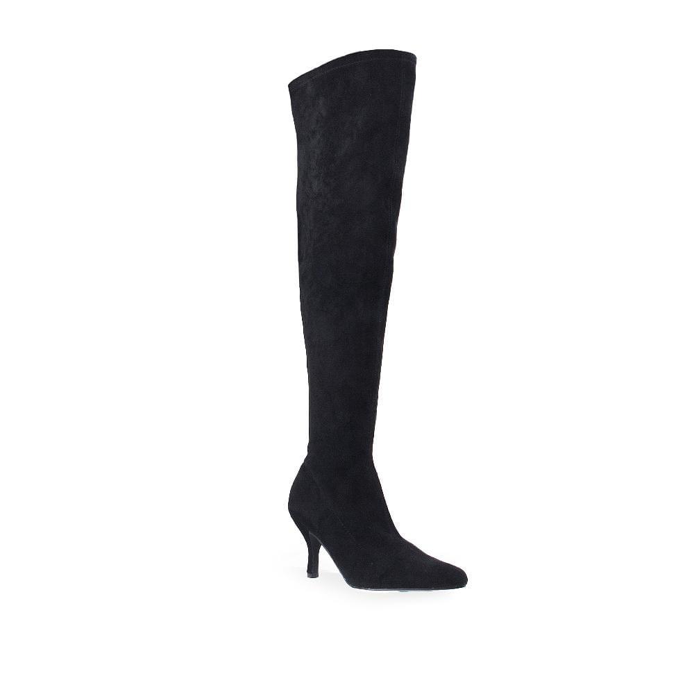 Women's over the knee heel boots in Black-color with a pull on style-corner view