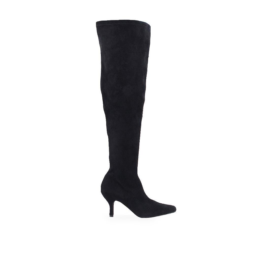 Women's over the knee heel boots in Black-color with a pull on style-side view