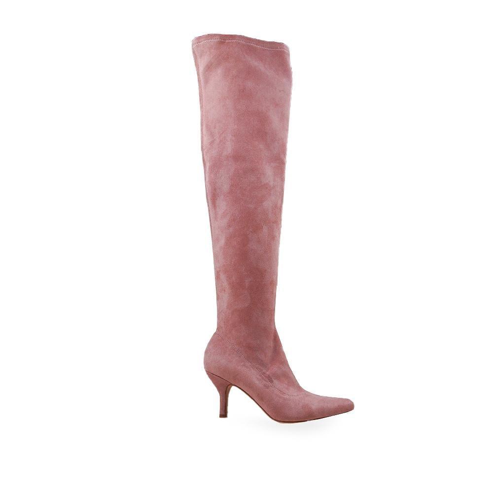 Blush-colored women's over the knee heel boots with pull on style-side view