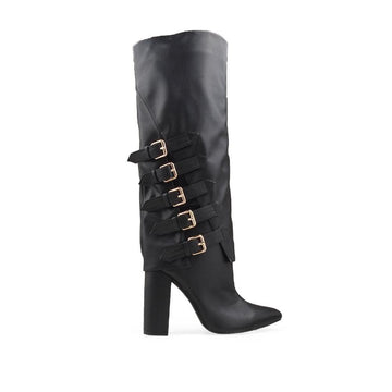 women's knee high boots with block heels and adorning side buckle straps