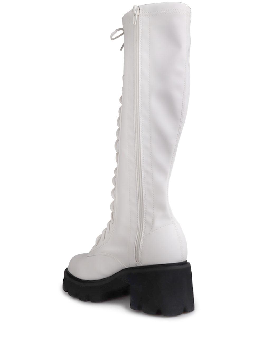 Women's white-colored knee high boots with lace up closure and black bottom-posterior view