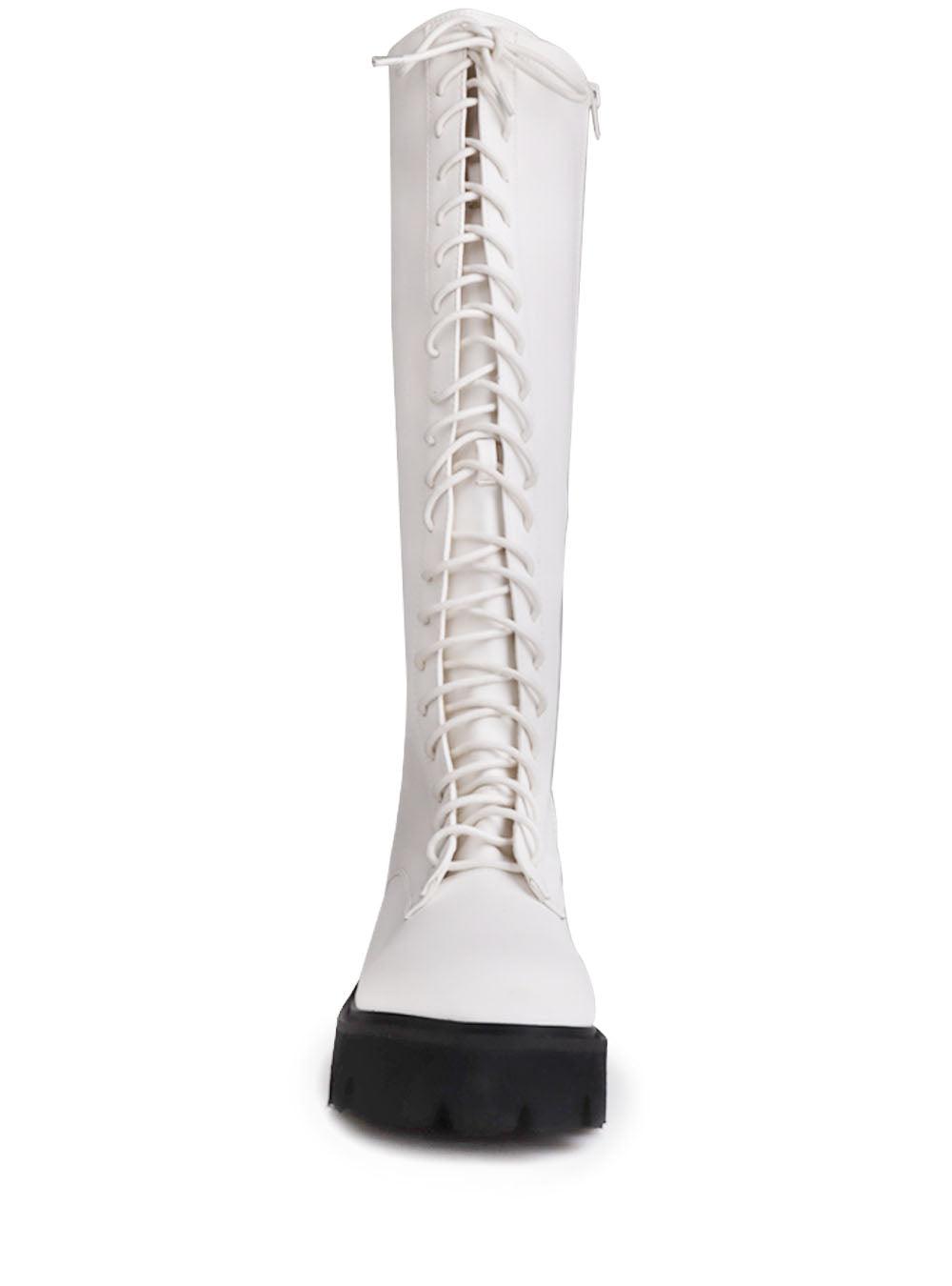 Women's white-colored knee high boots with lace up closure and black bottom-front view