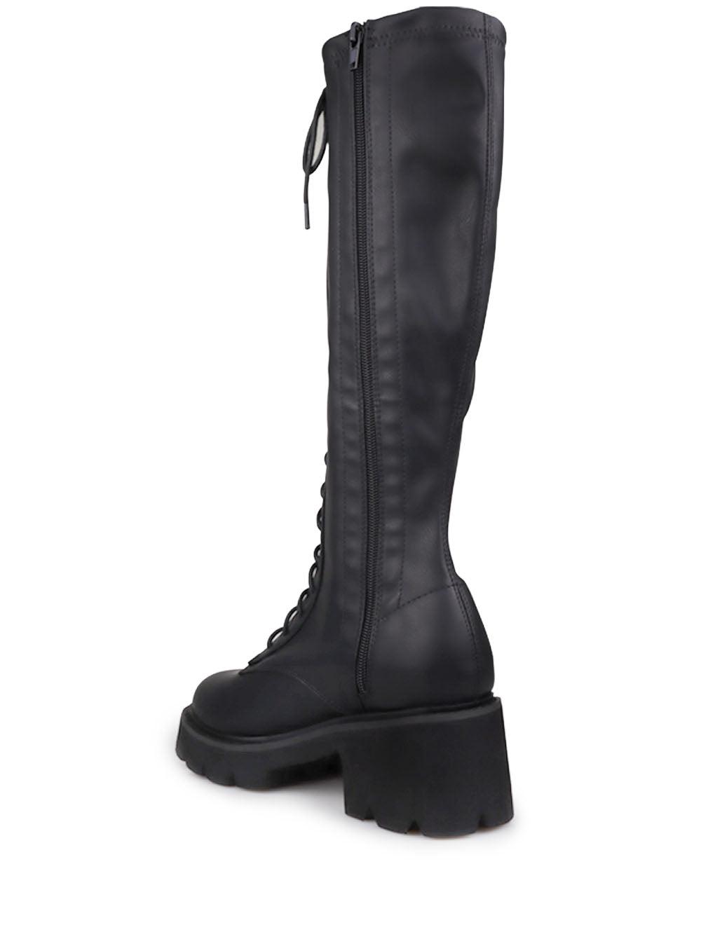 Plain black knee high boots for women with lace up closure-corner view