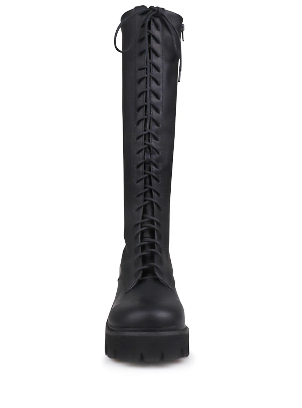 Plain black knee high boots for women with lace up closure-front view