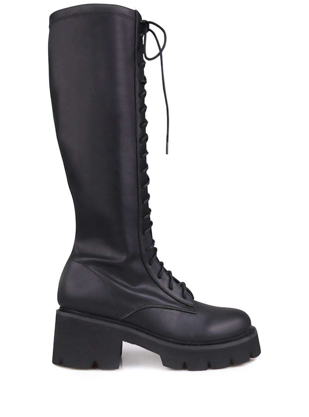 Plain black knee high boots for women with lace up closure-side view