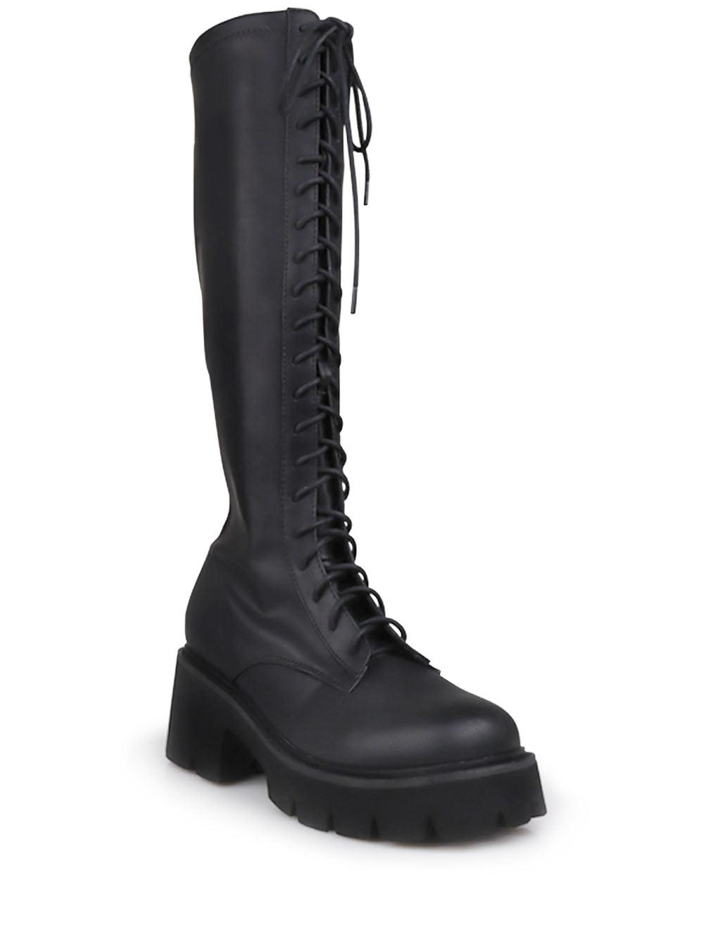 Plain black knee high boots for women with lace up closure-side view