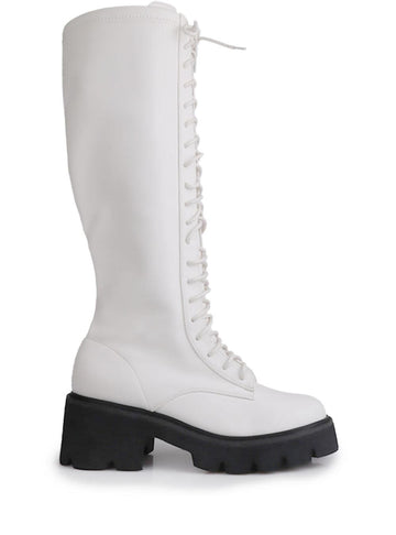 Women's white-colored knee high boots with lace up closure and black bottom-side view