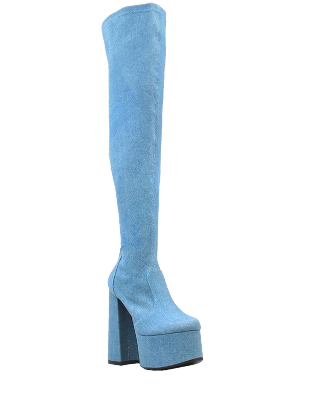 Denim-colored over-the-knee high boot heels for ladies with a side zipper closure-corner view