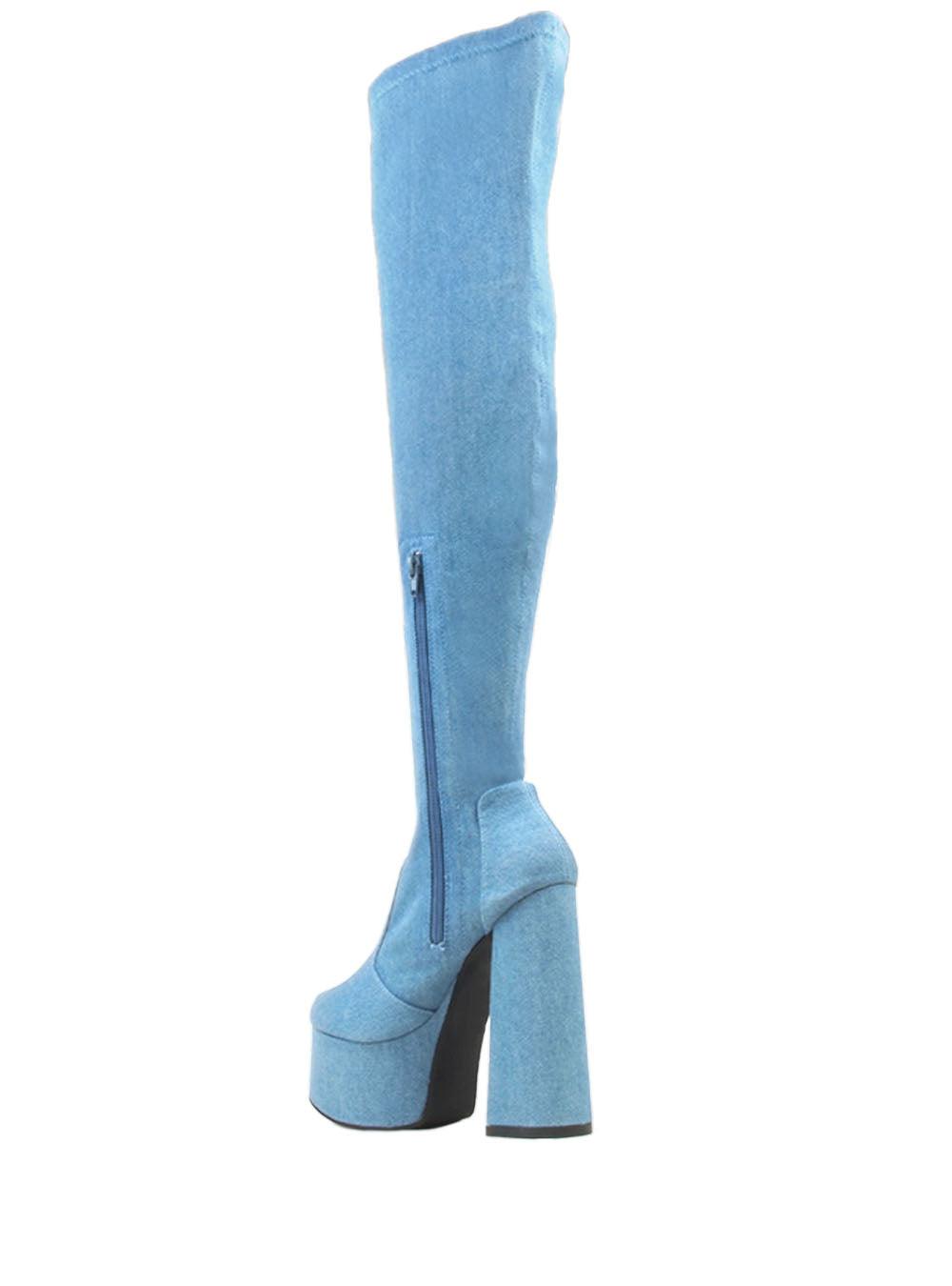 Denim-colored over-the-knee high boot heels for ladies with a side zipper closure-posterior view