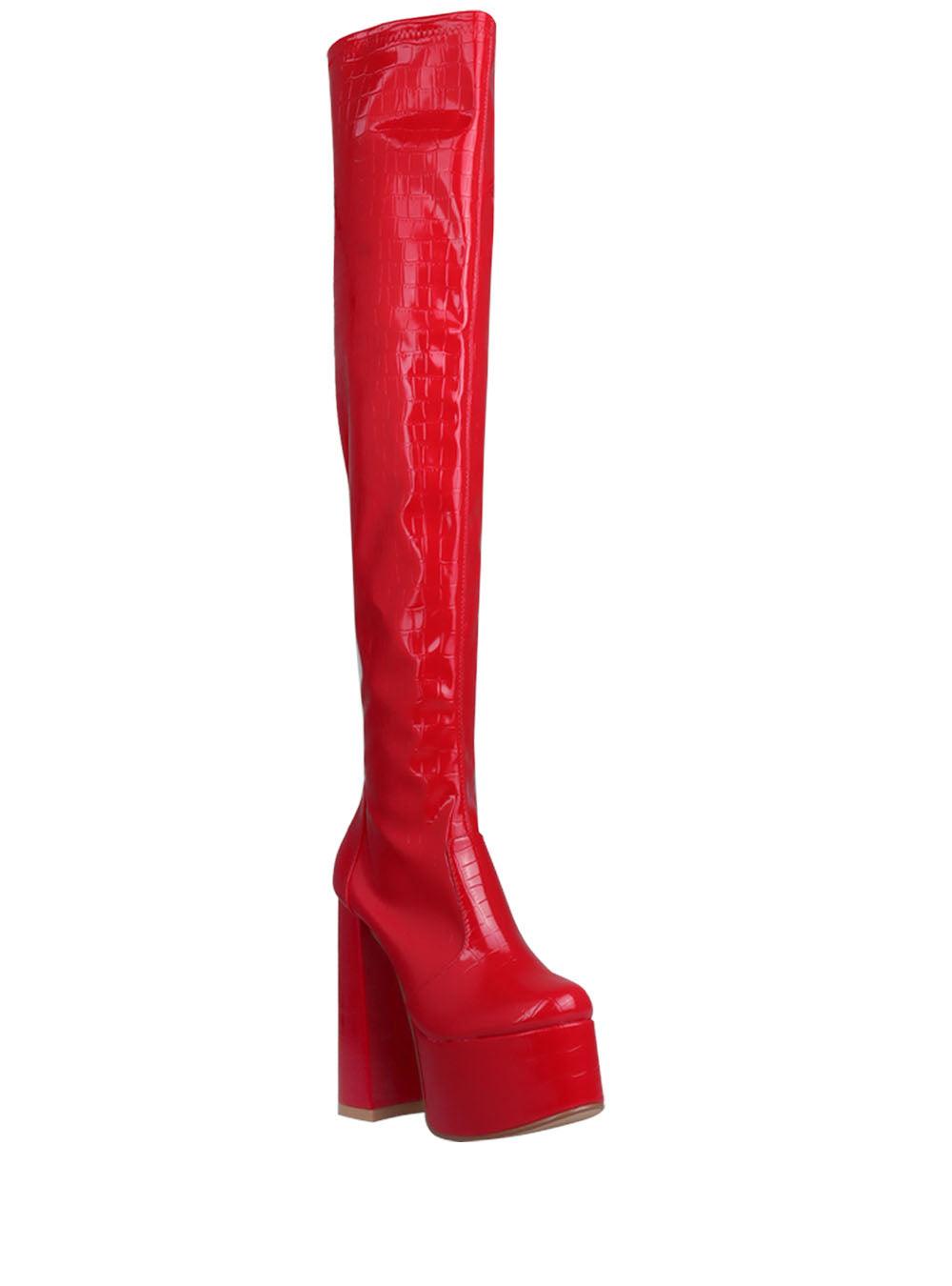 Ladies shinning red-colored over-the-knee high boot heels with a side zipper closure-corner view