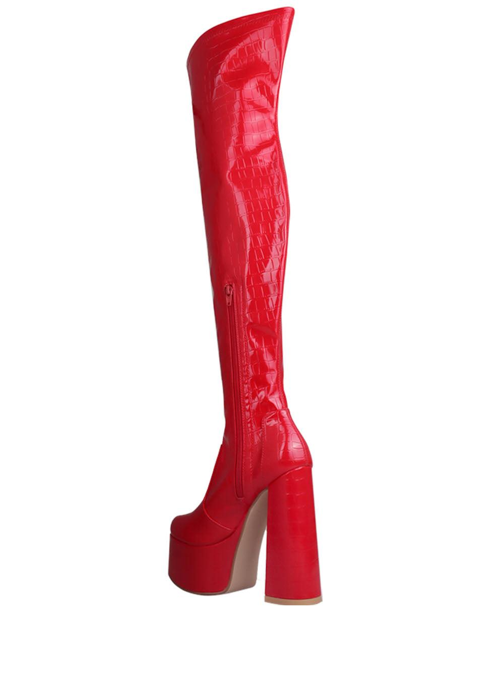 Ladies shinning red-colored over-the-knee high boot heels with a side zipper closure-posterior view