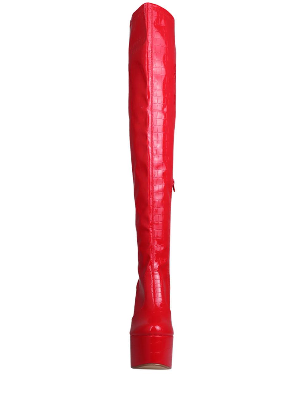 Ladies shinning red-colored over-the-knee high boot heels with a side zipper closure-front view