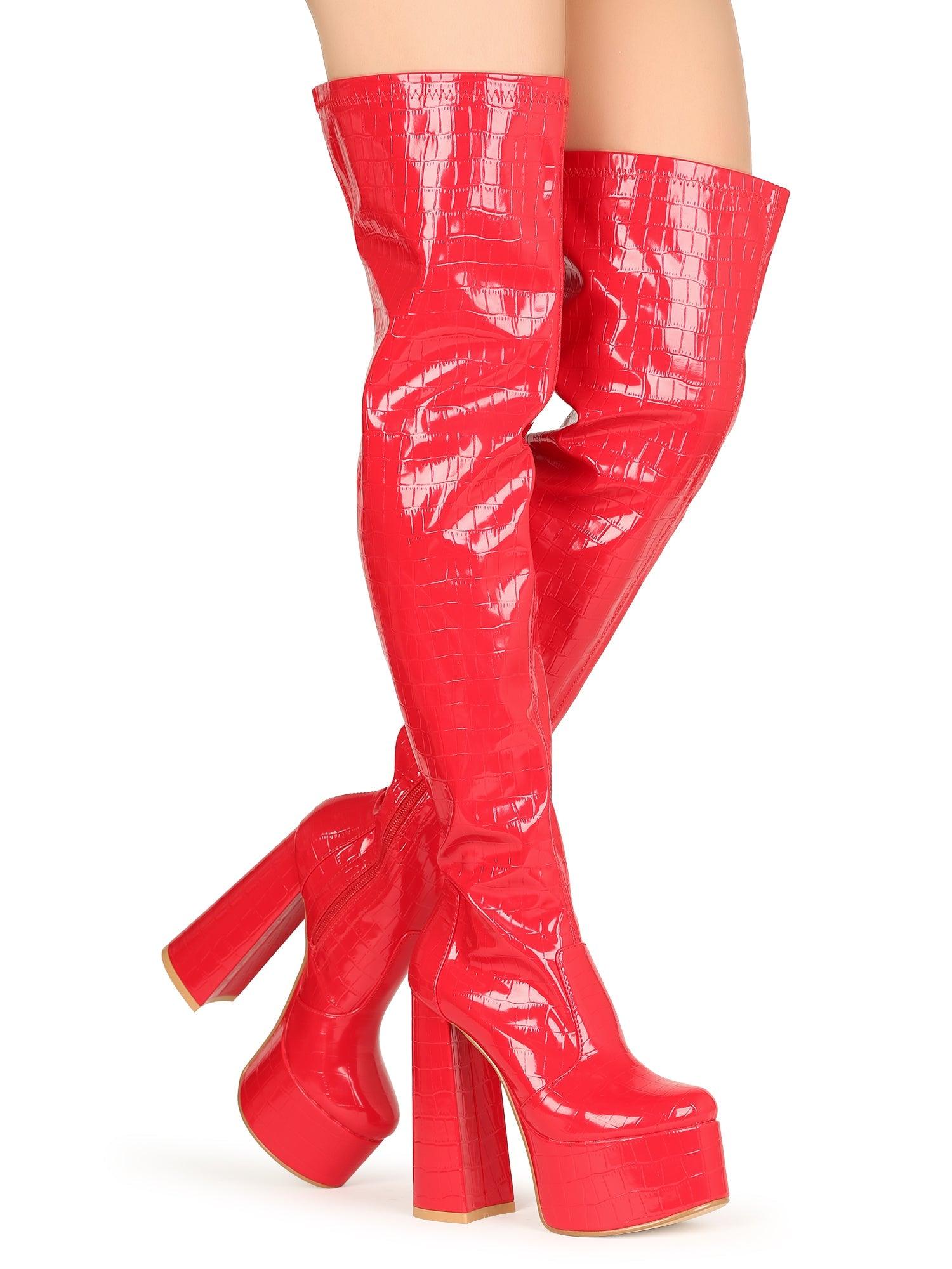 Ladies shinning red-colored over-the-knee high boot heels with a side zipper closure