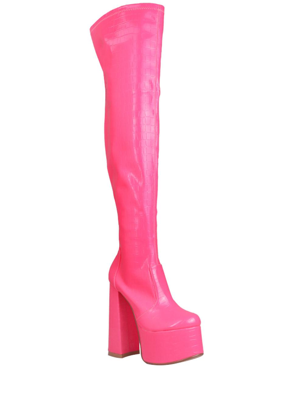 Pink-colored over-the-knee high boot heels for women with a side zipper closure-corner view