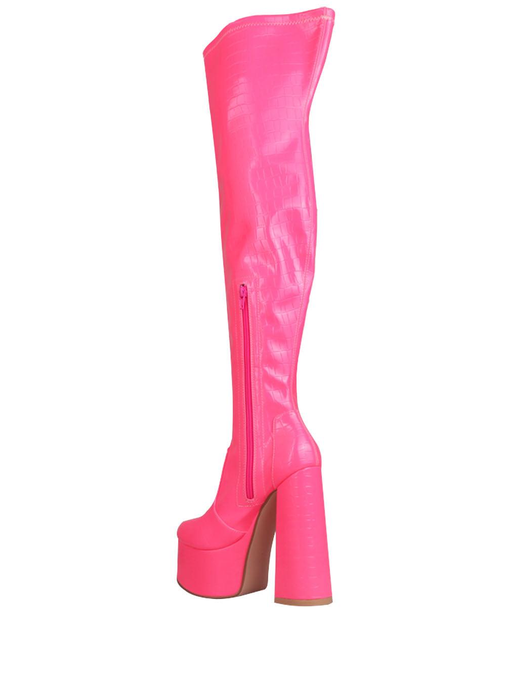 Pink-colored over-the-knee high boot heels for women with a side zipper closure-posterior view