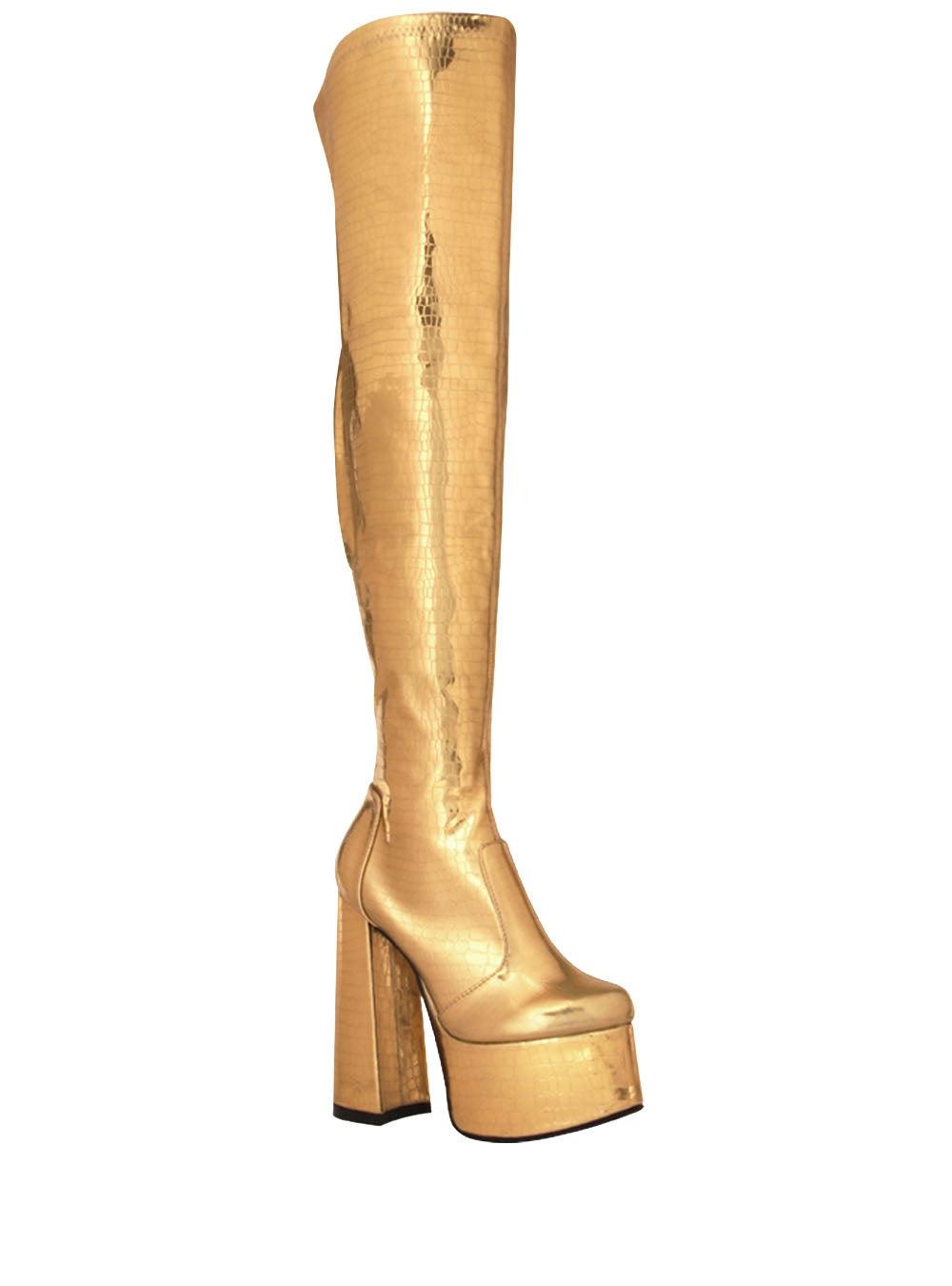 Women's golden metallic over the knee high boot heels with side zipper closure-corner view