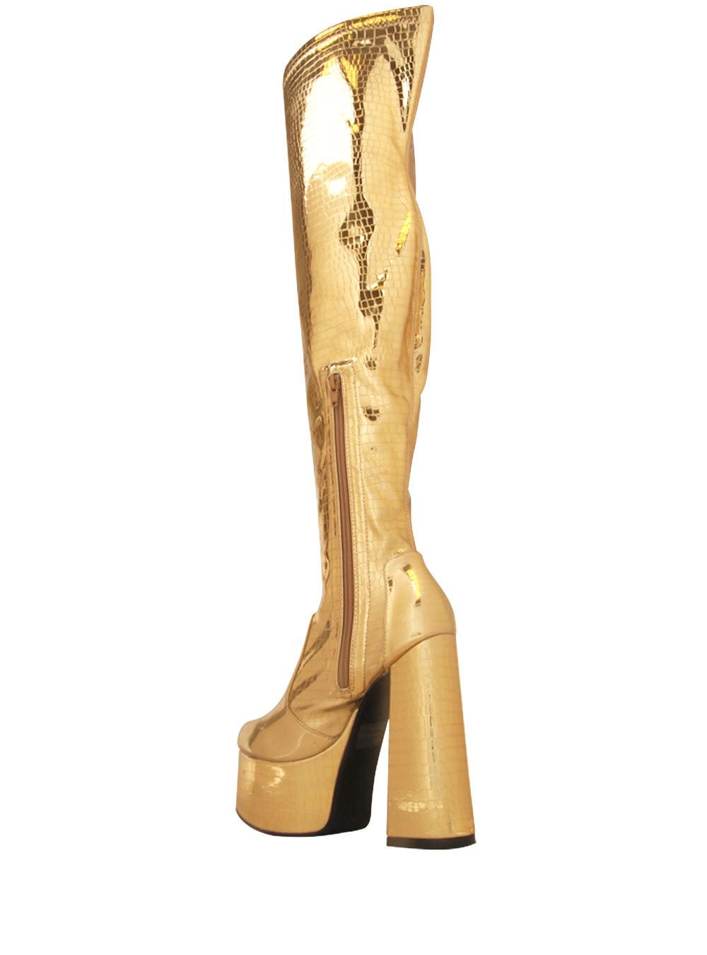 Women's golden metallic over the knee high boot heels with side zipper closure-posterior view