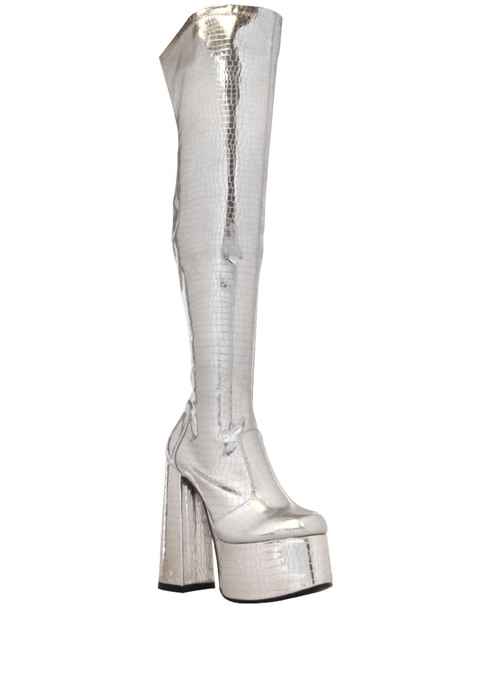 Women's over-the-knee high boot heels in shinning silver-metallic color with a side zipper closure-corner view