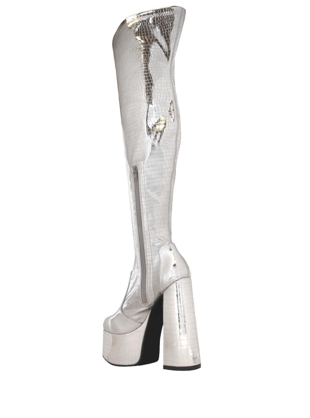 Women's over-the-knee high boot heels in shinning silver-metallic color with a side zipper closure-posterior view